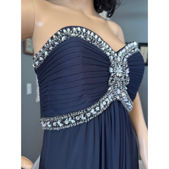 XSCAPE Navy Chiffon Jeweled Bodice Empire A-Line strapless Evening Gown 8 - Picture 9 of 16